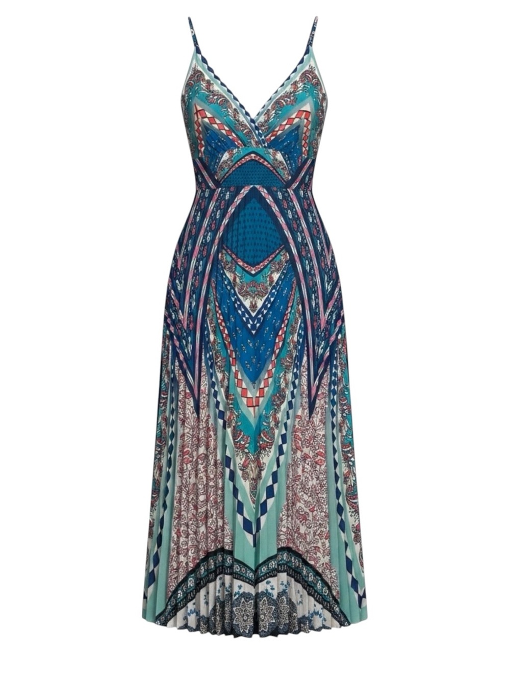 Caballero Genevieve Bardot Boho Print Cami Surplice V-Neck Accordion Midi Dress